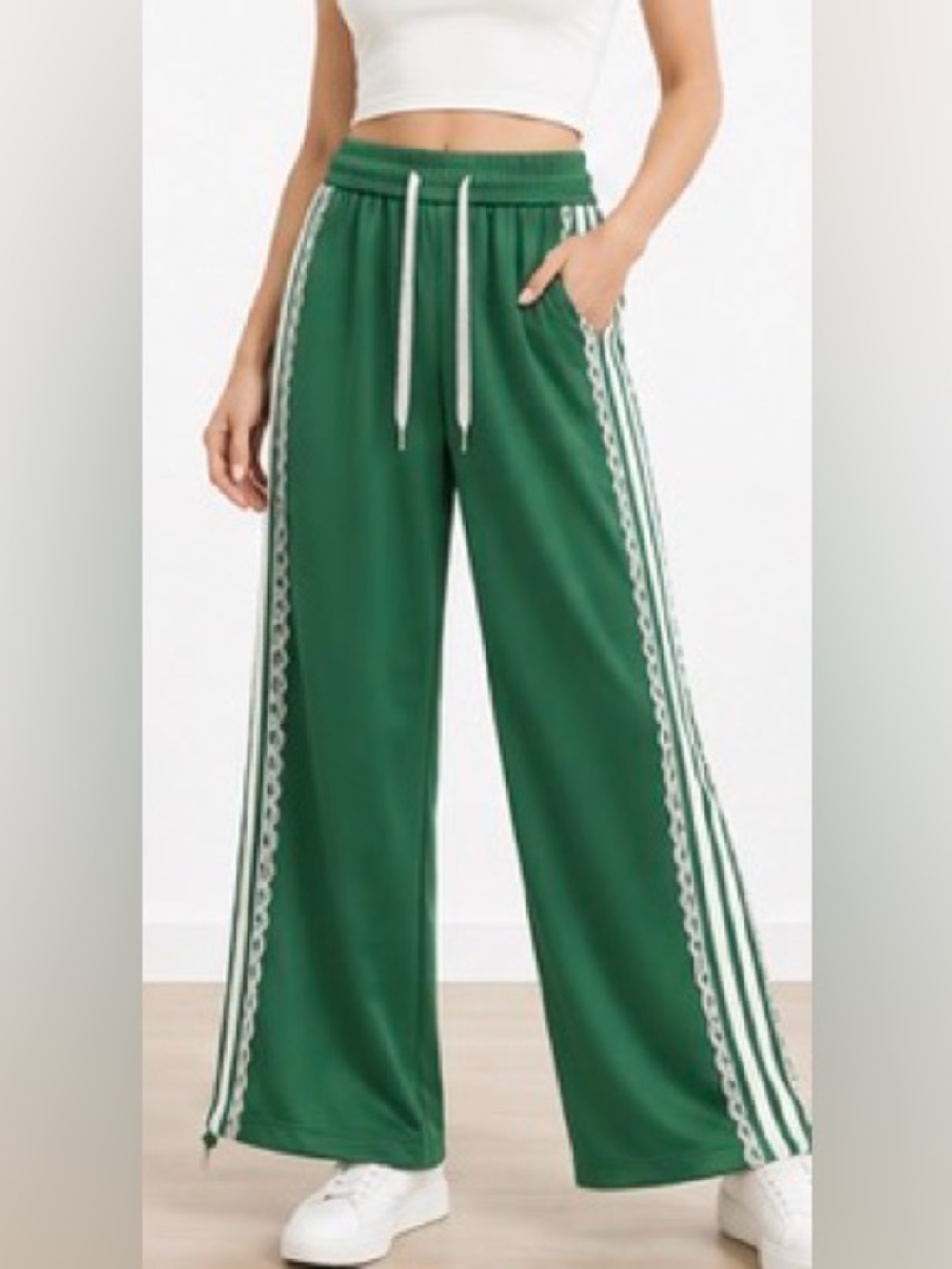GALITA Fashion NWT Green Lace Stripe Wide Leg Track Pants Medium